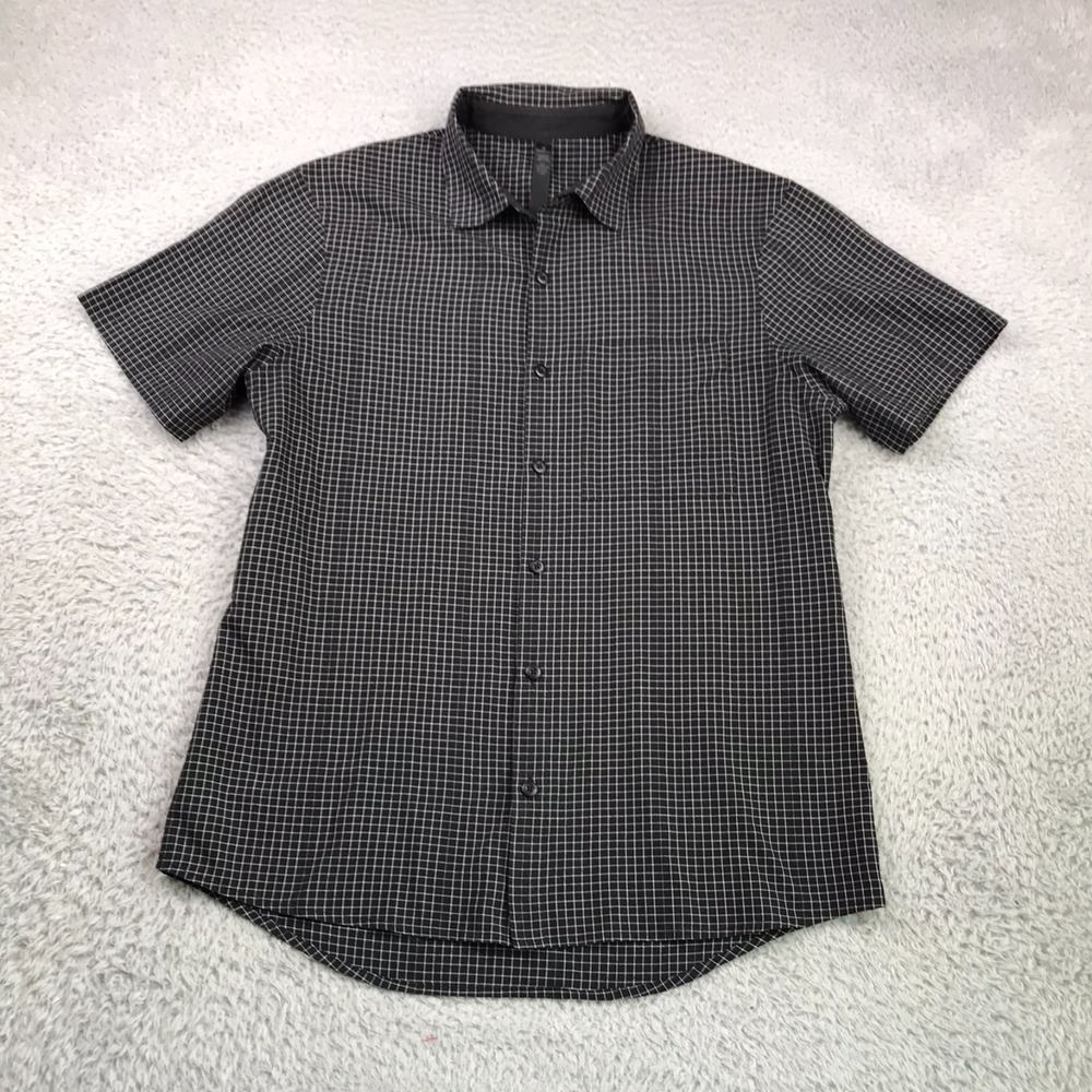 Lululemon Grid Light Short Sleeve Shirt Mens M Black Check Pocket Button Up